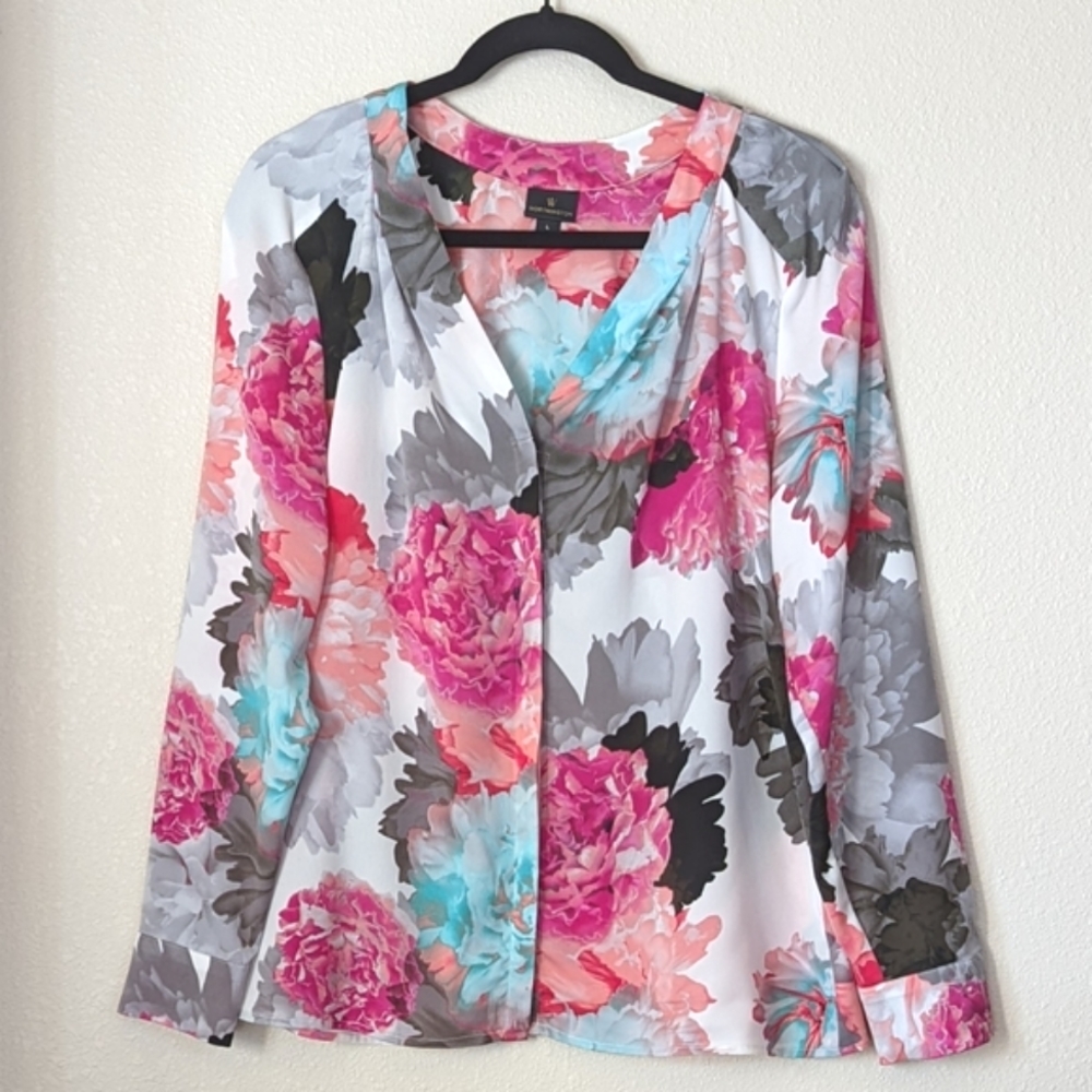 Worthington Long Sleeve Multicolored Floral Print Blouse Size L